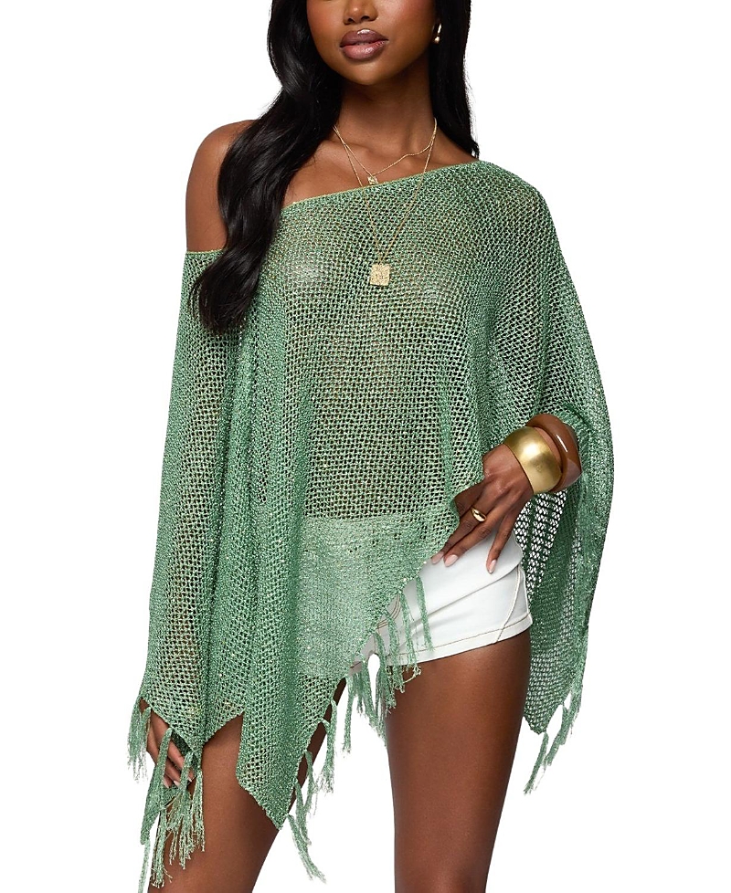 Edikted Sequin Fringe Knit Poncho In Green