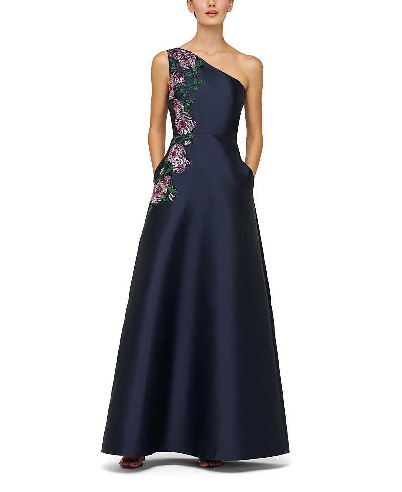 Kay Unger Giada Beaded One-shoulder Gown In Blue
