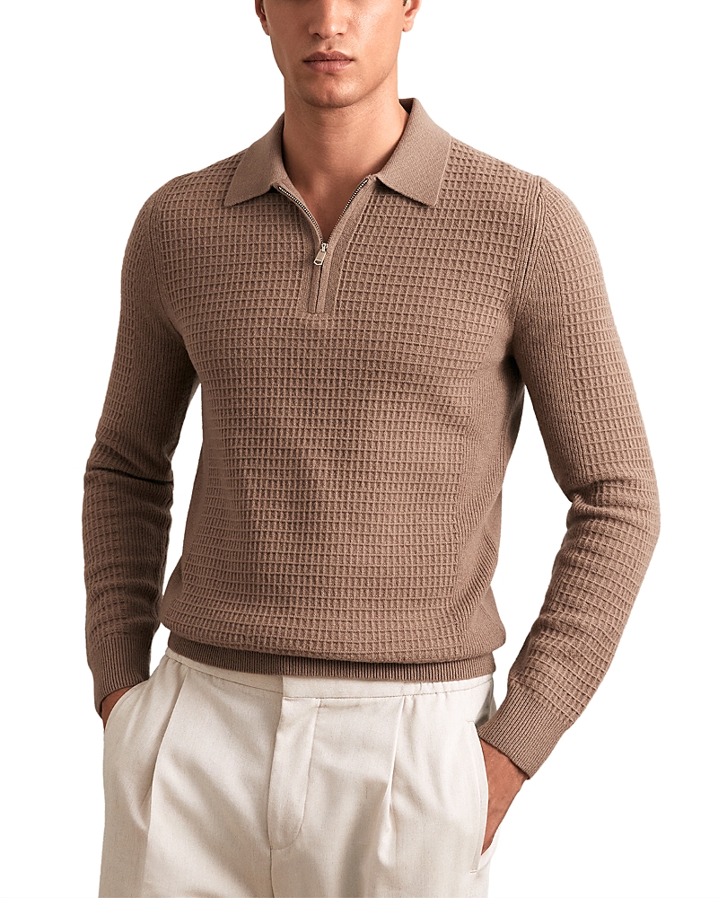 Reiss Hamilton Long Sleeved Half Zip Square Textured Wool Polo Shirt In Brown