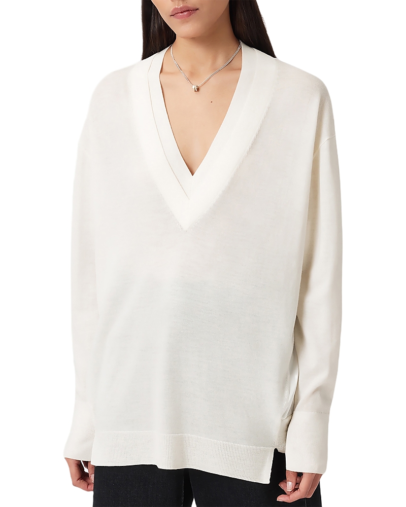 Allsaints Bern Paneled V Neck Sweater In White