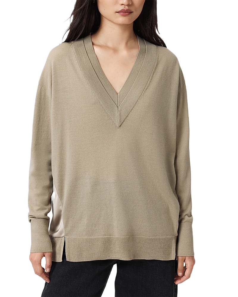 Allsaints Bern Paneled V-neck Merino Wool Sweater In Brown