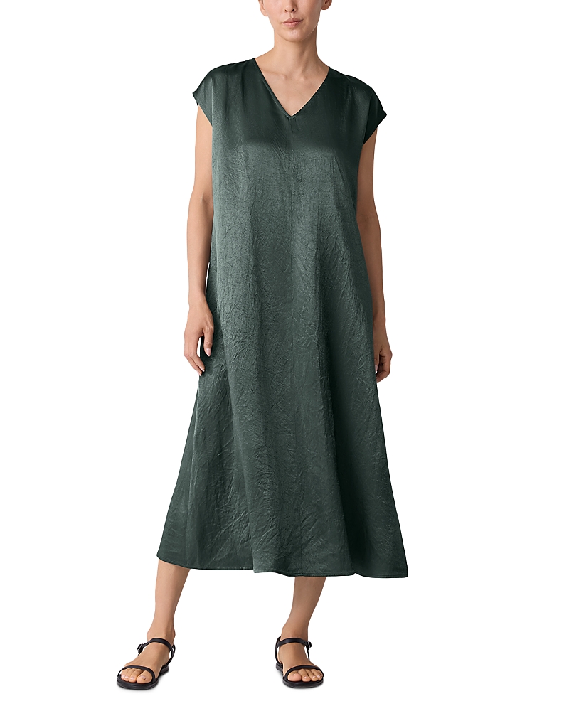 Eileen Fisher Satin V Neck Cap Sleeve Midi Dress In Green