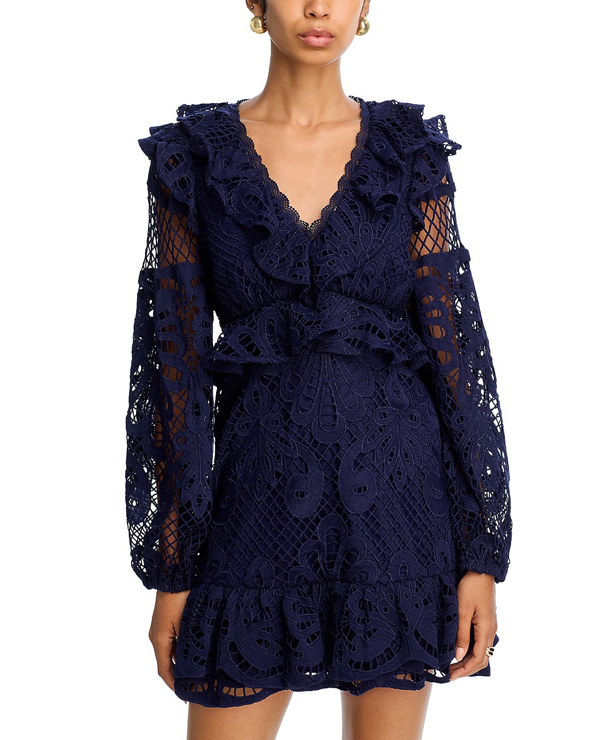 Aqua Lace V Neck Long Sleeve Ruffle Mini Dress - Exclusive