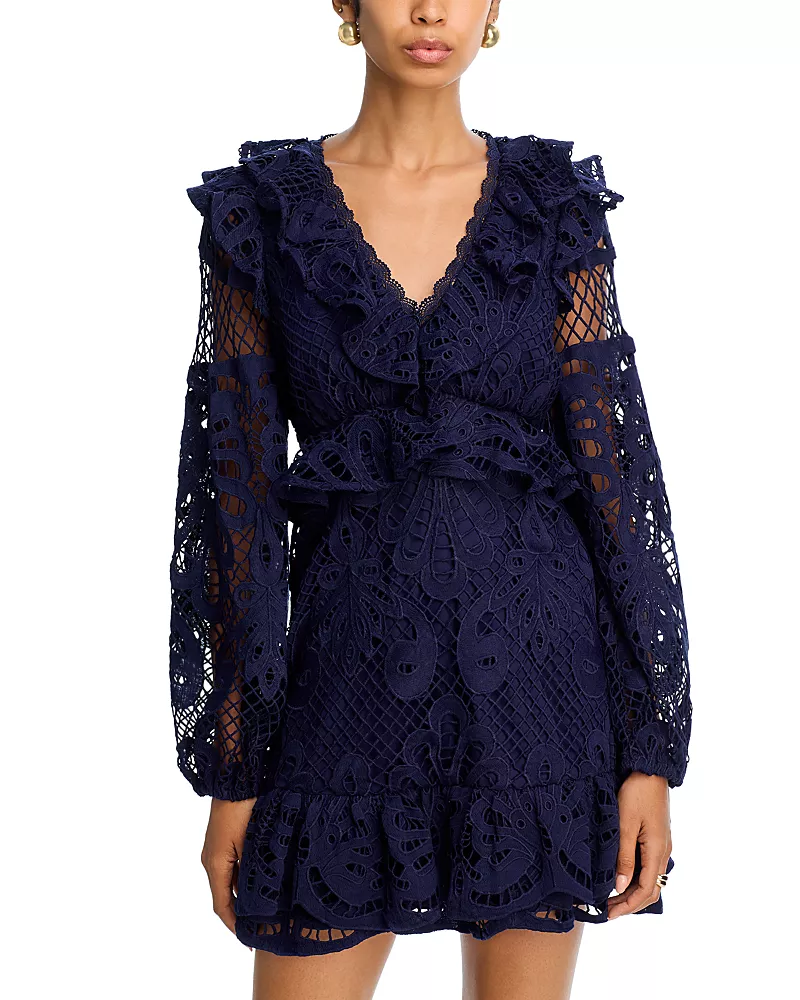 Aqua Lace V Neck Long Sleeve Ruffle Mini Dress - Exclusive