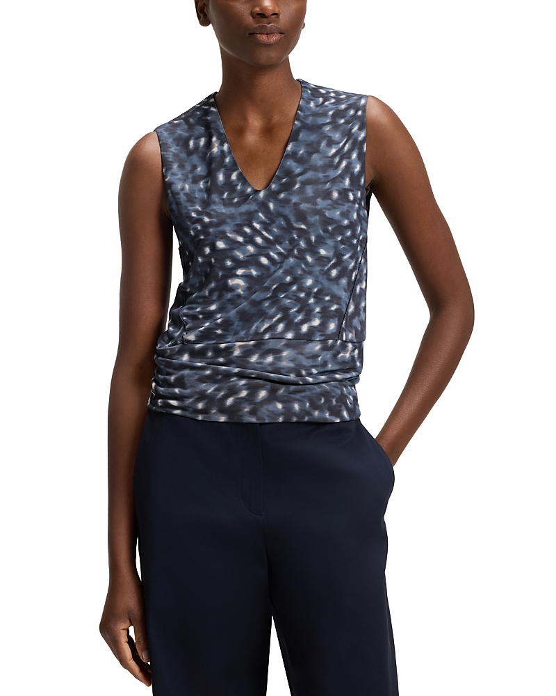 Hugo Boss V Neck Printed Matte Jersey Top In Blue