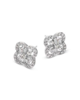 Diamond Round & Baguette Clover Stud Earrings in 14K White Gold, 0.5 tcw