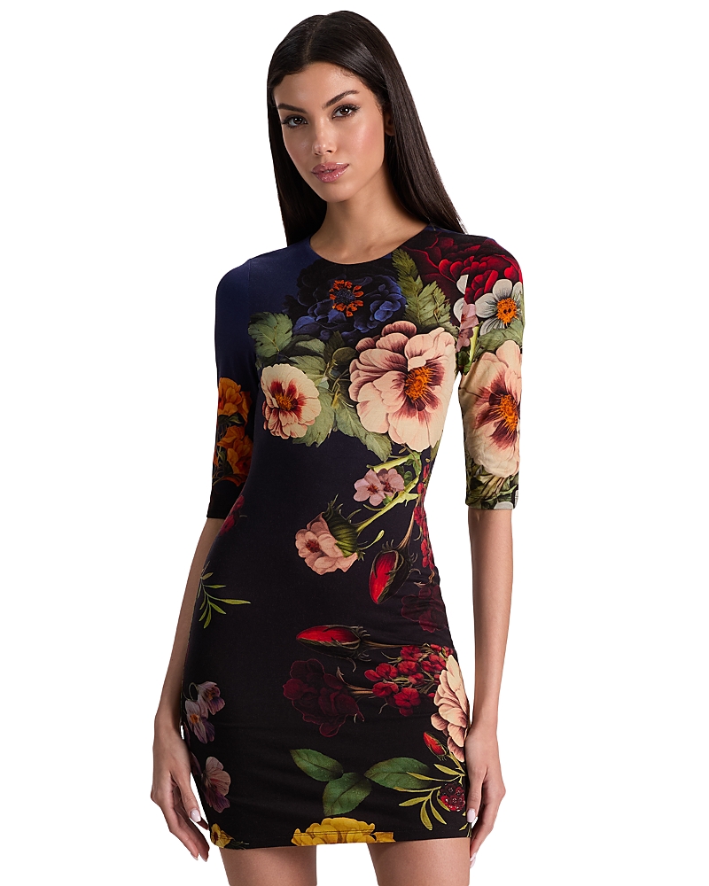 Alice And Olivia Delora Floral-print Crew-neck Mini Dress In Black