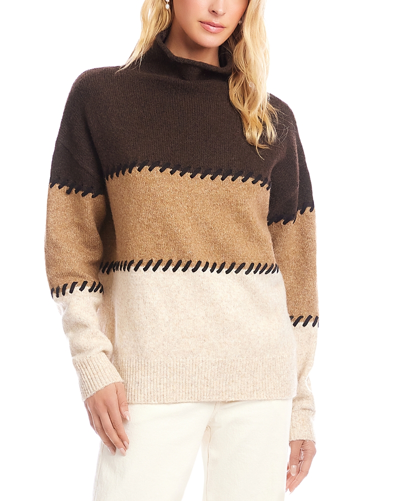 Karen Kane Colorblock Whipstitch Turtleneck Sweater In Brown