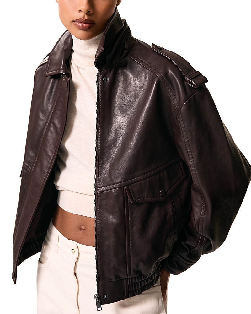 Reiss Aubergine Oversized Leather Jacket In Brown