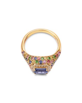 Rainbow Sapphire, Tsavorite Pav&eacute; & Diamond Ring with Ceylon Sapphire Center Stone Pinky Ring in 14K Yellow Gold
