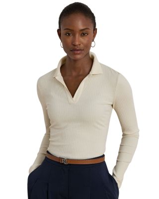 Rib Knit Long Sleeve Polo Top