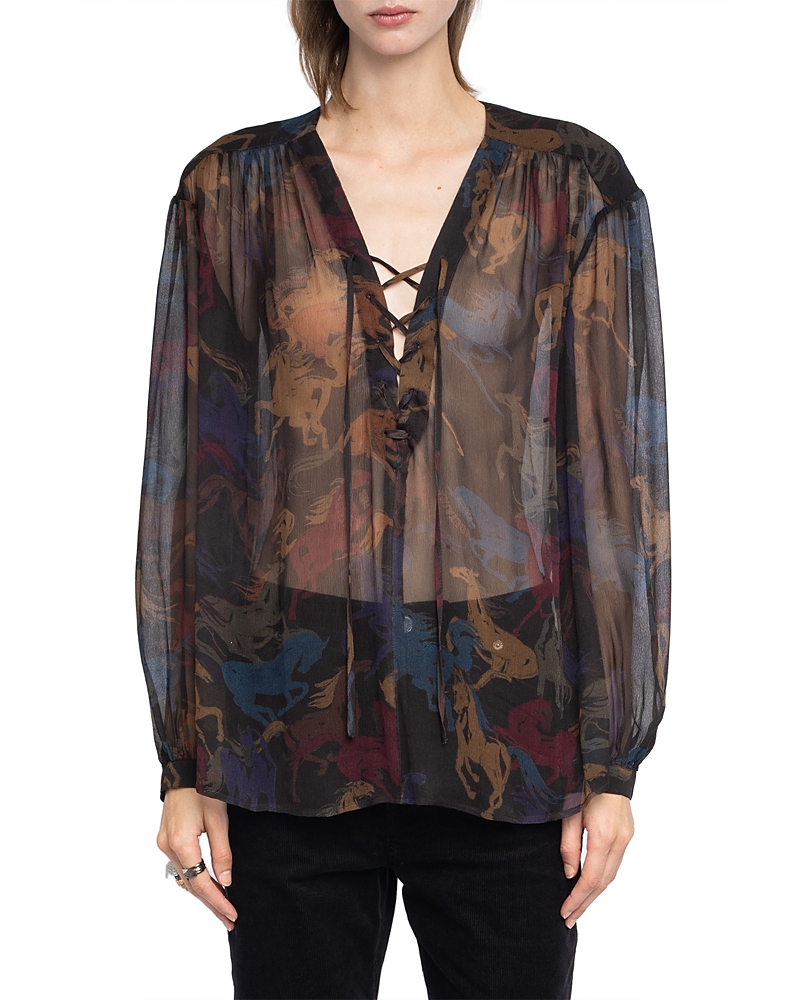 Zadig & Voltaire Tamela Horses Sheer Mousseline Top In Multi