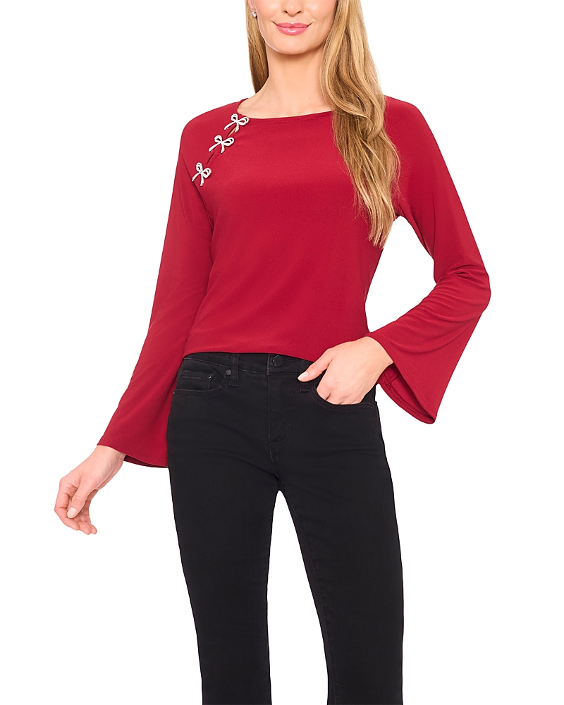 Cece Pearly Bow Knit Top In Red