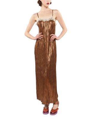  Fortuny Pleats Lace Slip Maxi Dress
