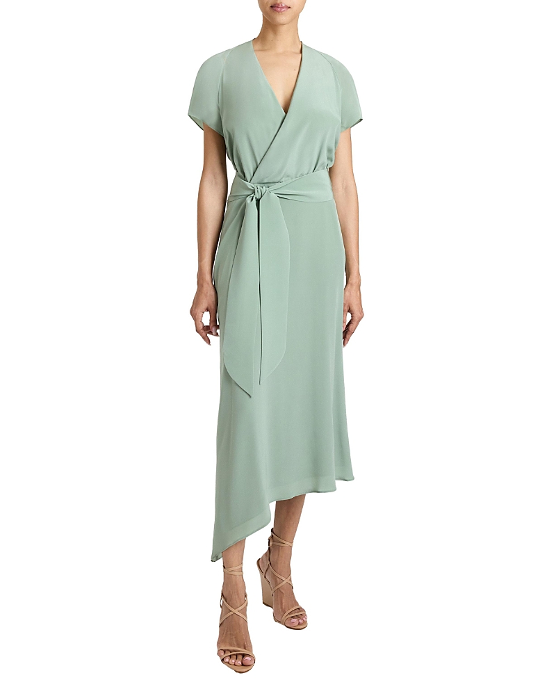 Santorelli Haley Cap Sleeve Silk Faux Wrap Hi Lo Midi Dress In Green