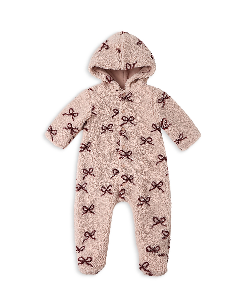 Rylee + Cru Girls' Bow Print Hooded Fleece Footie - Baby In Pink