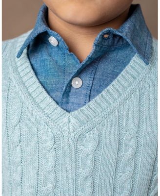 Boys&#39; Organic Long Sleeve Fine Gauge Cable V-Neck Sweater - Baby, Little Kid, Big Kid