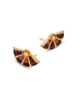 Tiger Eye, Mandarin Garnet & Diamond Stud Earrings in 14K Yellow Gold
