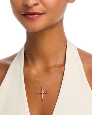 Pink Sapphire & Diamond Cross Pendant Necklace in 14K Yellow Gold