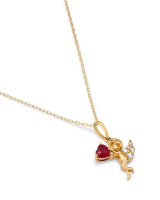 Ruby & Diamond Cupid Heart Pendant Necklace in 14K Yellow Gold, 18"