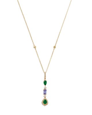 Emerald, Tanzanite & Diamond Lariat necklace in 14K Yellow Gold, 18"