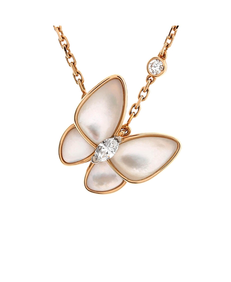 Pre-owned Pre-owned Van Cleef & Arpels Van Cleef & Arpels Two Butterfly Pendant Necklace 18k Rose Gold With Mother Of Pearl And D In Pink