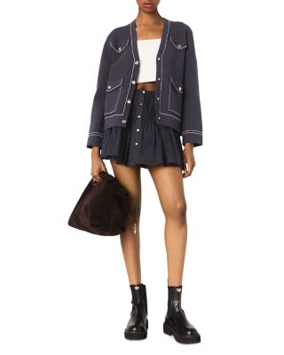 Long Topstitched Knit Cardigan Sweater