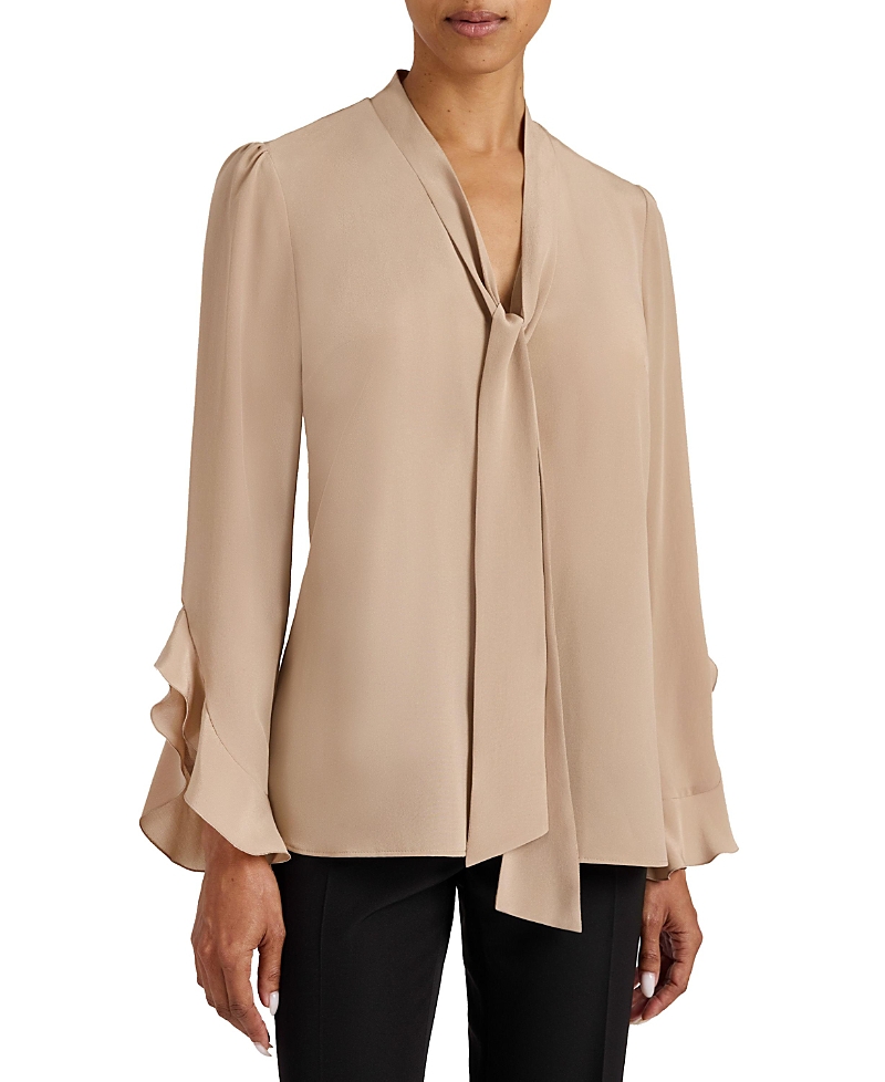 Santorelli Sienna Long Sleeve Silk Blouse With Neck Tie In Brown