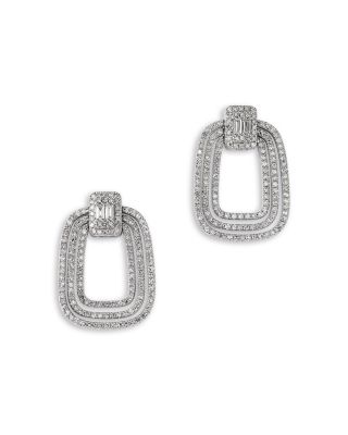 Fine Collection Diamond Round & Baguette Geometric Oval Drop Earrings in 14K White Gold, 1.0 tcw