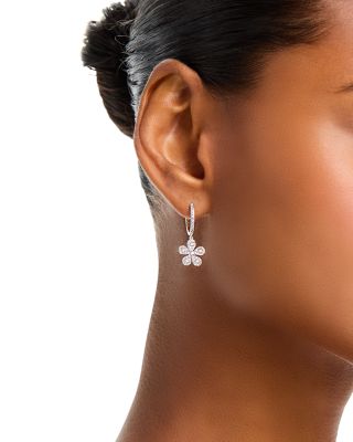 Diamond Flower Charm Dangle Hoop Earrings in 14K White Gold, 0.75 tcw