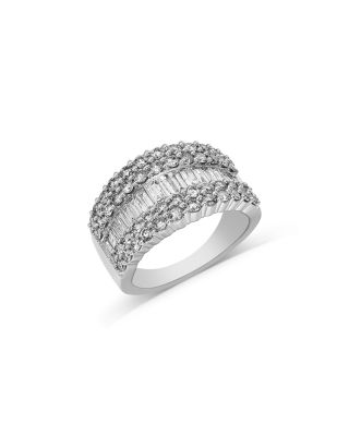 Round & Baguette Diamond Multi Row Band in 14K White Gold, 2.0 tcw