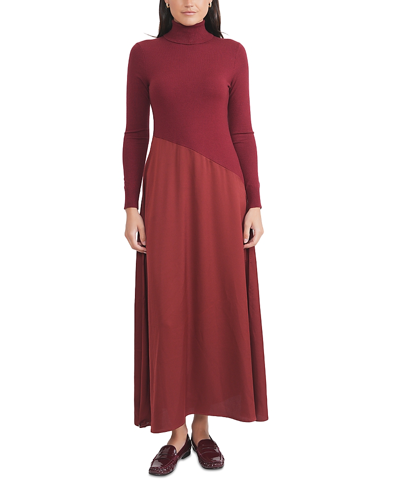 Point Mixed Media Turtleneck Dress In Red