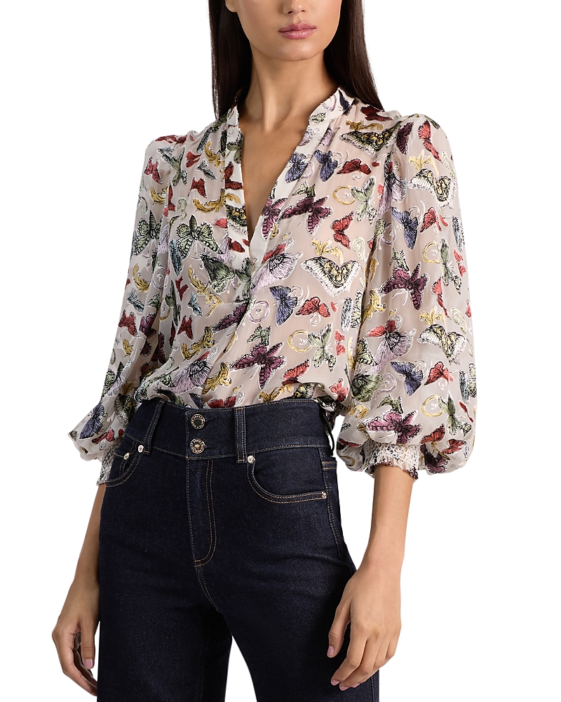 Alice And Olivia Sheila Blouson Sleeve Top In Multi