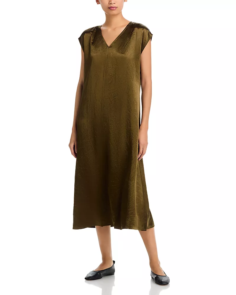 Eileen Fisher Satin V Neck Cap Sleeve Midi Dress