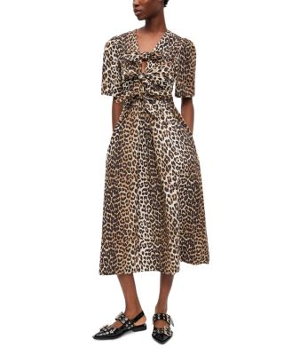 Leopard Printed Cotton Tie Strap Midi Dress