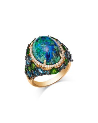 Multi Gemstone & Diamond Oval Halo Statement Ring in 14K Yellow Gold