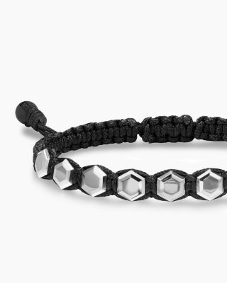 Men's Faceted Woven Bracelet in Sterling Silver with Black Nylon and Black Onyx, 8mm