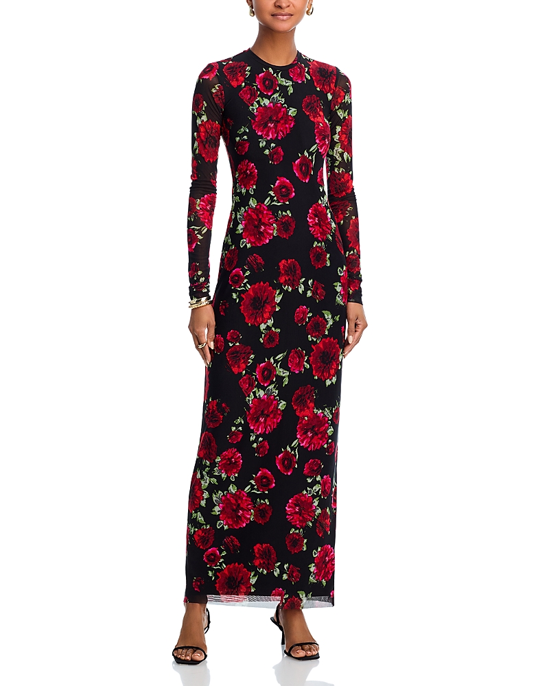 Afrm Didi Printed Long Sleeve Mesh Maxi Dress In Multi