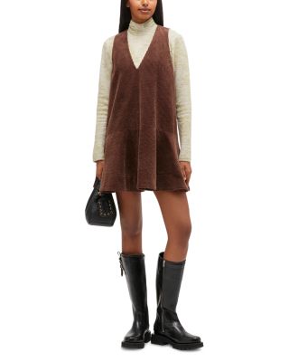 Brown Seersucker Corduroy V Neck Mini Dress