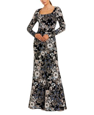 Embroidered Velvet Long Sleeve Scoop Neck Gown