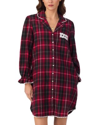 Long Sleeve Cotton Flannel Notch Collar Nightshirt 