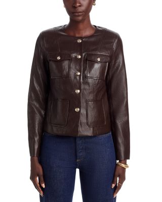 Collarless Faux Leather Jacket  