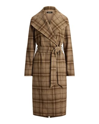Plaid Wool Blend Twill Wrap Coat