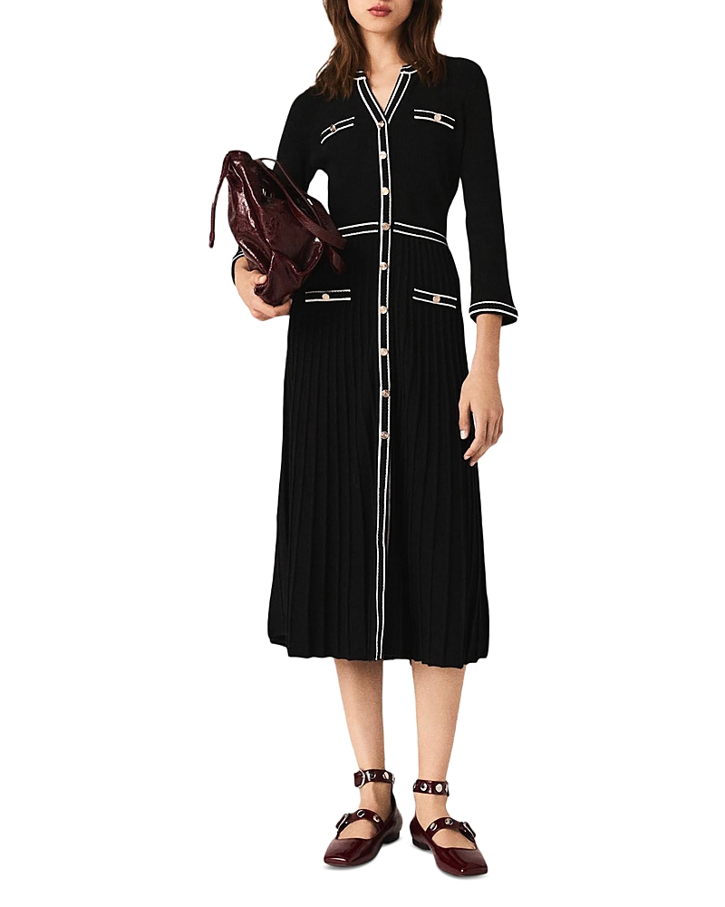 Maje Womens Pleated V-neck Stretch-knit Midi Dress Black In Black