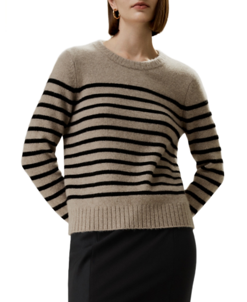 Lilysilk Striped Round Collar Cashmere Sweater In Brown