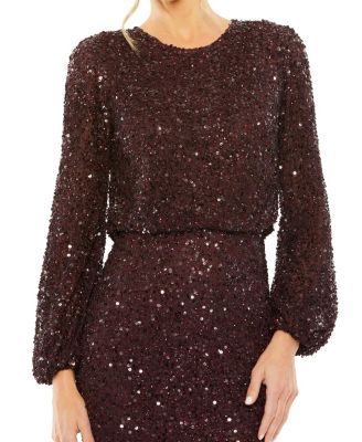 High Neck Long Sleeve Beaded Blouson Gown