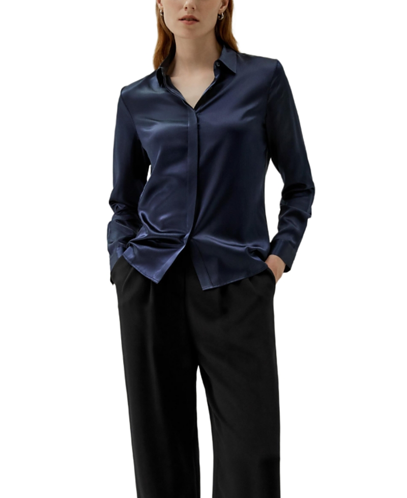 Lilysilk Basic Concealed Placket Silk Shirt In Blue