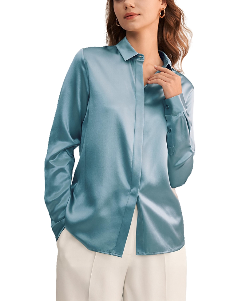 Lilysilk Basic Concealed Placket Silk Shirt In Blue Haze