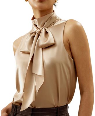 Sleeveless Tie-Neck Silk Blouse