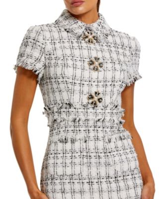 Fitted Bouclé Short Sleeve Button Up Midi Dress